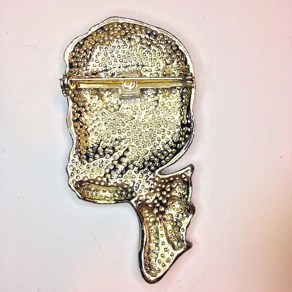 Vintage Black on Gold Women in a Headscarf Brooch